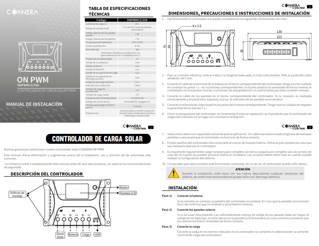 CONTROLADOR DE CARGA SOLAR PWM 20 A CONNERA ONPWM12/20A
