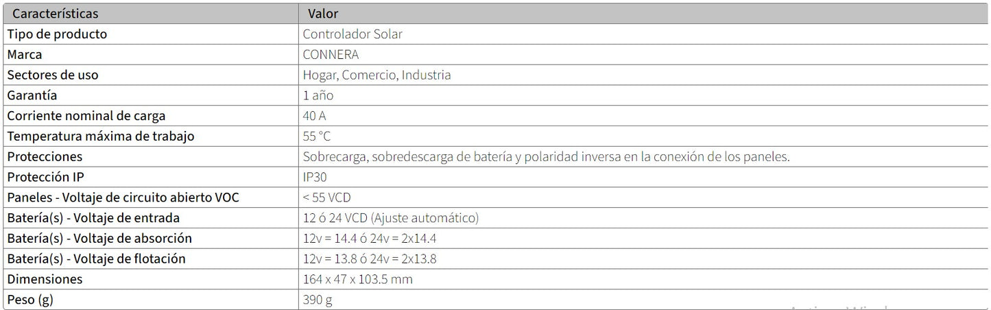 CONTROLADOR DE CARGA SOLAR PWM 40 A CONNERA  ONPWM12/40A