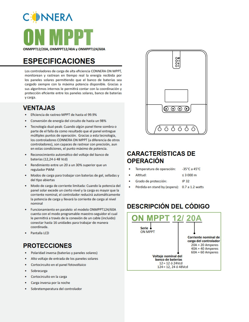 CONTROLADOR DE CARGA SOLAR MPPT 20 A CONNERA ONMPPT12/20A