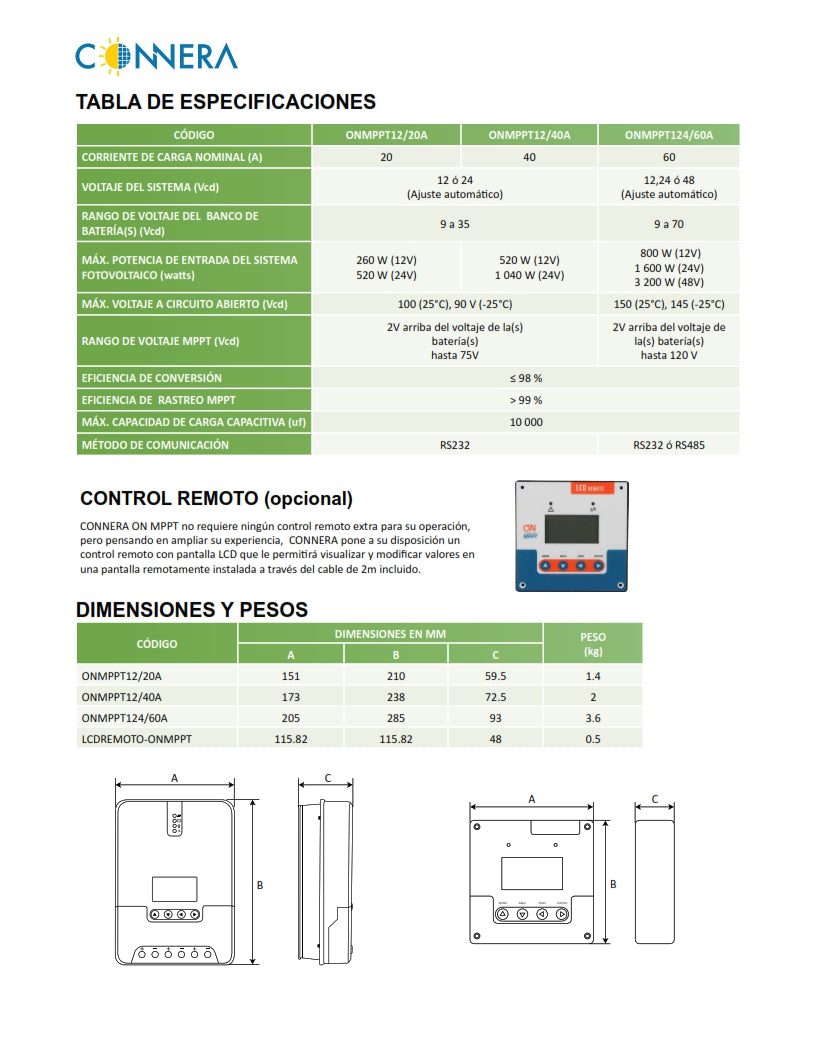 CONTROLADOR DE CARGA SOLAR MPPT 20 A CONNERA ONMPPT12/20A