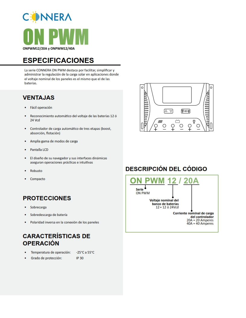 CONTROLADOR DE CARGA SOLAR PWM 40 A CONNERA  ONPWM12/40A