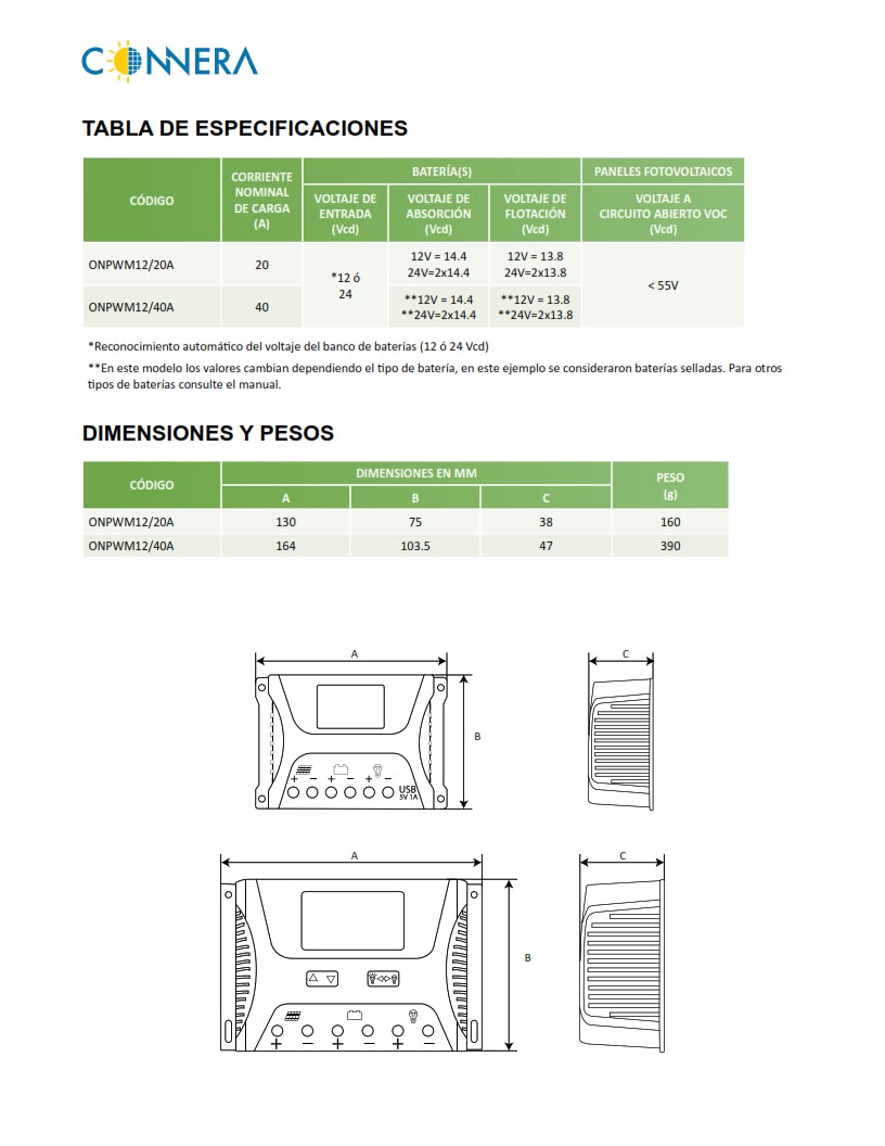 CONTROLADOR DE CARGA SOLAR PWM 40 A CONNERA  ONPWM12/40A