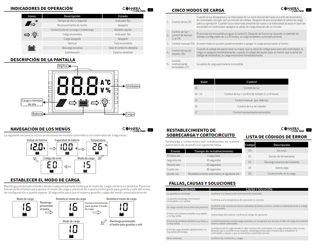 CONTROLADOR DE CARGA SOLAR PWM 20 A CONNERA  ONPWM12/20A